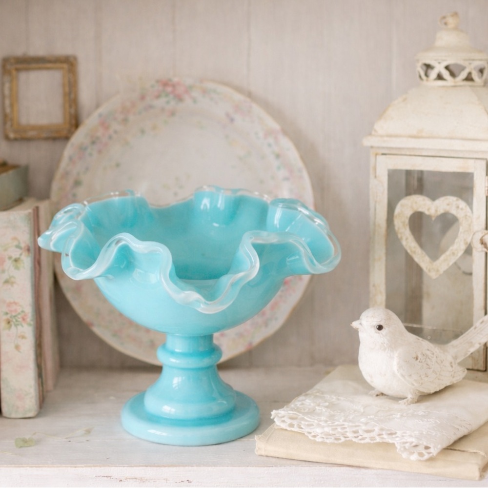 Vintage Fenton Silver Turquoise Crest Crimped Compote MCM Pedestal Bowl - Picture 14 of 16
